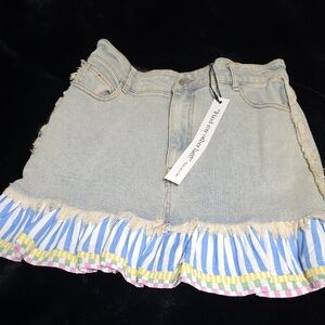 Denim Skirt with Striped Hem